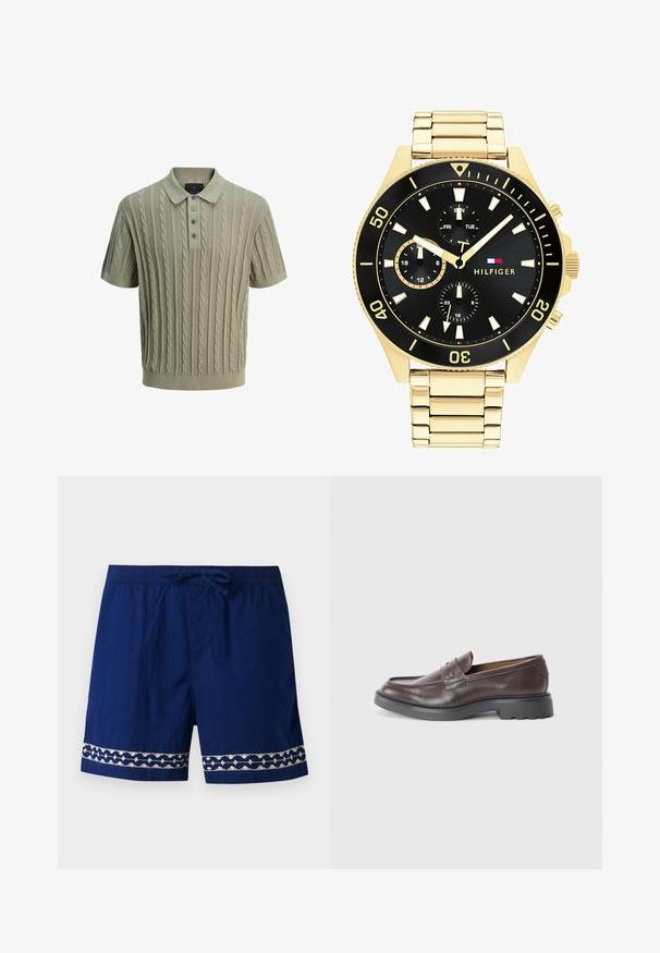 Polo en tricot vert clair avec motif en câble, à manches courtes, patte de boutonnage à trois boutons, et col et ourlet côtelés.; Shorts de bain bleu marine avec une taille élastique, un cordon de serrage, et des accents brodés de couleur claire à l'ourlet présentant des motifs géométriques.; Mocassins en cuir marron avec une finition lisse, bout rond, couture minimaliste et une épaisse semelle en caoutchouc noir. Aucun matériel ou accent visible.; Montre en métal doré avec un cadran noir, des marqueurs lumineux et trois sous-cadrans. Présente un bracelet texturé et le logo "HILFIGER" au centre.; Boucles d'oreilles en croix dorées avec une finition lisse et une boucle suspendue, présentant un design simple et allongé. Chaque croix est de taille uniforme.