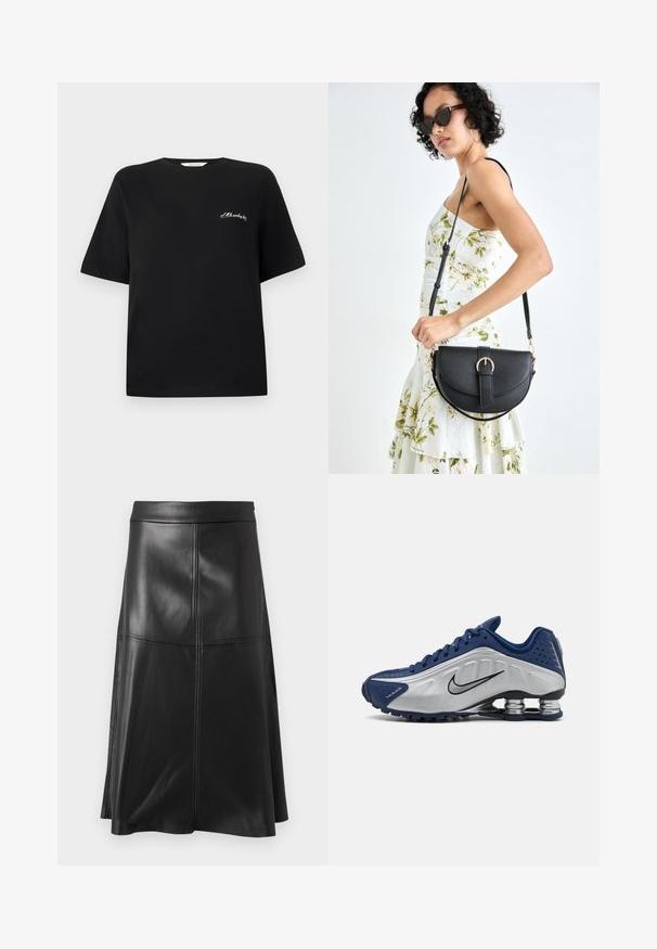 Black cotton t-shirt with short sleeves and a crew neck. Features white embroidered text on the left chest area. Smooth texture.; Black leather A-line skirt with a smooth texture, featuring vertical seam detailing and a waistband. Hem falls just below the knee.; Blue and silver athletic shoes with a textured upper, perforations, and a curved sole featuring metallic cushioning elements. Black logo accent.; Black leather handbag with a curved shape, detachable strap, and gold hardware. The bag features a flap with a buckle detail.