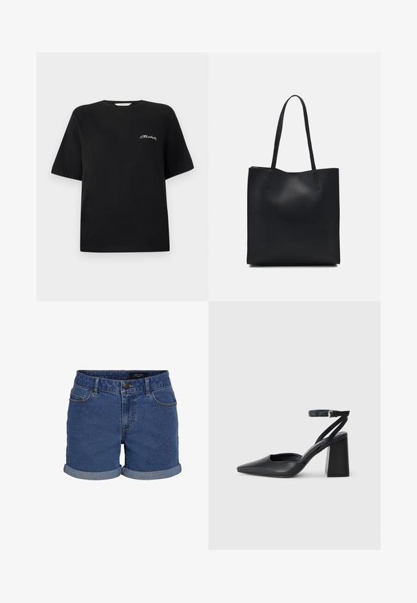 Svart bomullströja med korta ärmar och rundad halsringning. Har vit broderad text på vänster bröstparti. Slät struktur.; Jeansshorts i mörkblått med en klassisk passform. Har uppvikta kantar, två framfickor och en knappstängning. Slät textur.; Svart läderpumps med spetsig tå, ankelrem och kraftig klack. Slät textur, stilren design och minimalistisk estetik.; Svart lädertoffelväska med slät textur, rektangulär form och två långa handtag. Ingen synlig hårdvara eller dekorationer.