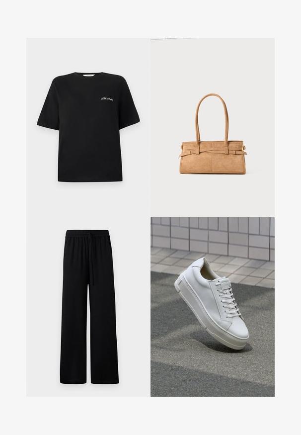 Černé bavlněné tričko s krátkým rukávem a kulatým výstřihem. Vyznačuje se bílým vyšívaným textem na levé části hrudníku. Hladký povrch.; Černé kalhoty s širokými nohavicemi, elastickým pasem a nastavitelným šňůrkovým utahováním. Hladká látka bez viditelných vzorů nebo akcentů.; Bílé kožené tenisky s nízkým designem, plochými tkaničkami, zaoblenou špičkou a texturovanými bočními stranami. Silná gumová podrážka s jemnými akcenty.; Hnědá semišová kabelka s dvěma dlouhými uchy, obdélníkovým tvarem a ozdobným šitím. Obsahuje boční popruh a decentní zlaté kovové akcenty.