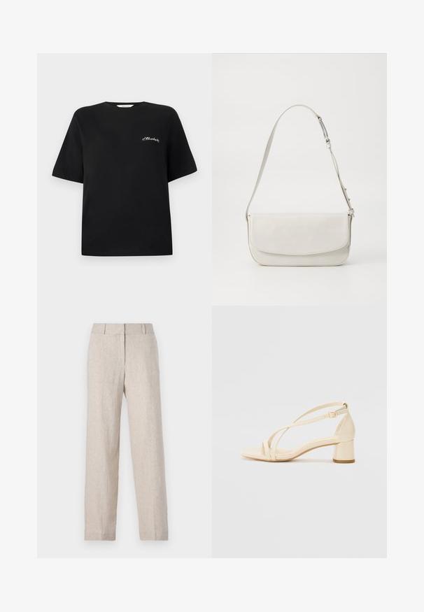 Must beebi musta puuvillane t-särk lühikeste varrukatega ja ümar kaelus. Vasakul rinnakorvil on valge tikandiga tekst. Sile tekstuur.; Beežid linased püksid sirge jala lõikega, kõrge vöökoht ning peene tekstuuriga. Nähtavad taskud ega kaunistused puuduvad.; Bežid kontsagaid sandaalid plokknõlva, rihmadega disain ja reguleeritav pahklu strap, valmistatud siledast sünteetilisest materjalist matta viimistlusega.; Valge nahast õlavarre kott, millel on sile viimistlus, ristkülikukujuline kuju, klapiga sulgemine ja reguleeritav rihm. Lihtne tikand