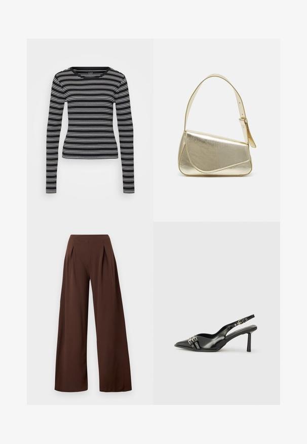 Schwarzes Langarmshirt mit weißen horizontalen Streifen, gerippter Struktur und rundem Ausschnitt. Figurumspielendes Design mit geradem Saum.; Weite Hosen aus dunkelbraunem Stoff mit hoher Taille, vorderen Falten und glatter Textur. Geeignet für verschiedene Anlässe.; Schwarzer Lackleder Slingback-Schuh mit spitzem Zehenbereich, Knöchelriemen mit silbernen Schnallen und Beschlägen sowie einem schlanken Absatz.; Goldfarbene metallische Handtasche mit strukturiertem Design, glatter Textur und verstellbarem Tragegurt. Sie verfügt über eine einzigartige dreieckige Form und minimalistische Nähte.; Ohrringe in Goldoptik mit strukturierten, gewellten Formen. Beinhaltet skulpturale Clip-Ohrringe und ein offenes Hoop-Design mit gehämmertem Finish.