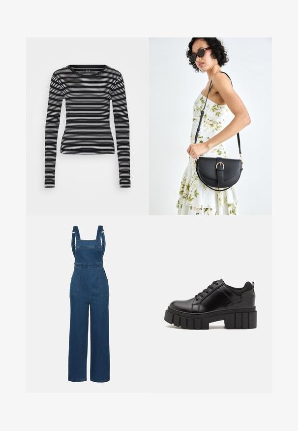 Črna majica z dolgimi rokavi z belimi vodoravnimi črtami, ribasta tekstura in okroglo izrezana ovratnika. Prilega se telesu in ima ravno obrobo.; Denim trajice, temno modre, z širokimi nogami, nastavljivimi naramnicami in sprednjimi žepi. Gladka tekstura z našitimi detajli.; Črne usnjene platforme z debelim blokastim petam, okroglo konico in klasičnim vezanjem. Imajo gladko teksturo in minimalne podrobnosti.; Črna usnjena torbica s ukrivljeno obliko, z odstranljivo naramnico in zlatimi dodatki. Torbica ima pokrov s podrobnostmi v obliki zaponke.