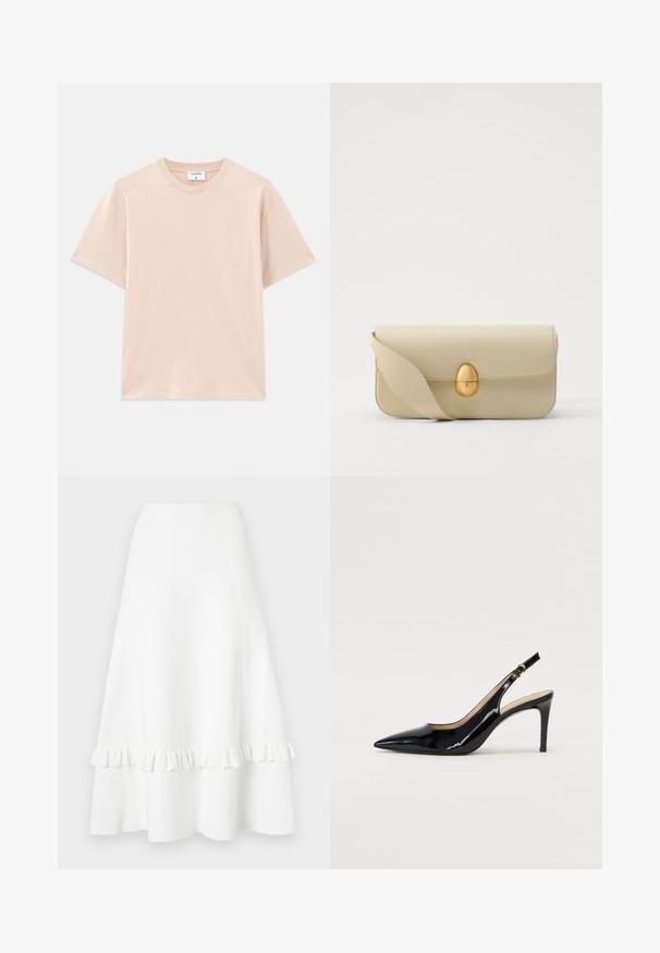 Rövid ujjú, világos bézs színű póló, puha pamutból készült. Kerek nyakú, laza szabású, egyenes aljjal, minták vagy grafika nélkül.; Fehér, bővülő szoknya texturált anyagból, fodros szegéllyel és lyukasztott mintával, sima derékrésszel és térdhez érő hosszúsággal.; Fekete lakk bőr kötött magassarkú cipő, hegyes orral és karcsú sarokkal, finom kivágásos dizájnnal. Az övön arany csatt található.; Beige bőrtáska sima textúrával, téglalap alakban, arany ovális zárral. Hosszú, állítható pánttal rendelkezik.