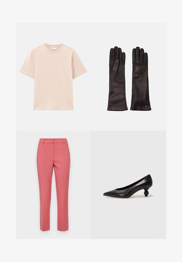Short-sleeve t-shirt in light beige, made of soft cotton. Round neckline, relaxed fit, with straight hem and no patterns or graphics.; Tailored pink pants with a slim fit, featuring side pockets, a smooth texture, and a straight leg design.; Black leather high heel shoe with a pointed toe and a round, balled heel. Smooth texture with a sleek, minimal design.; Weekend Max Mara SENAPE - Gloves - nero