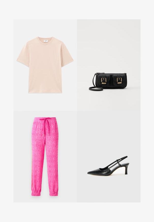 Koszulka z krótkim rękawem w jasnym beżu, wykonana z miękkiej bawełny. Okrągły dekolt, luźny krój, z prostym dołem i bez wzorów czy grafik.; Różowe dresy z gładkim wzorem w logo "VERSACE" na całej powierzchni, elastycznym paskiem w talii z sznurkiem ściągającym oraz elastycznymi mankietami przy kostkach.; Czarne lakierowane czółenka na obcasie typu slingback z wąskim noskiem, z teksturowanym wzorem wężowym, regulowanym paskiem oraz krótkim, teksturowanym obcasem w kształcie słupka.; Czarna skórzana torba na ramię z dwoma przednimi kieszeniami, złotymi klamrami, zamkiem błyskawicznym i cienkim paskiem. Teksturowana powierzchnia i kompaktowy prostokątny kształt.