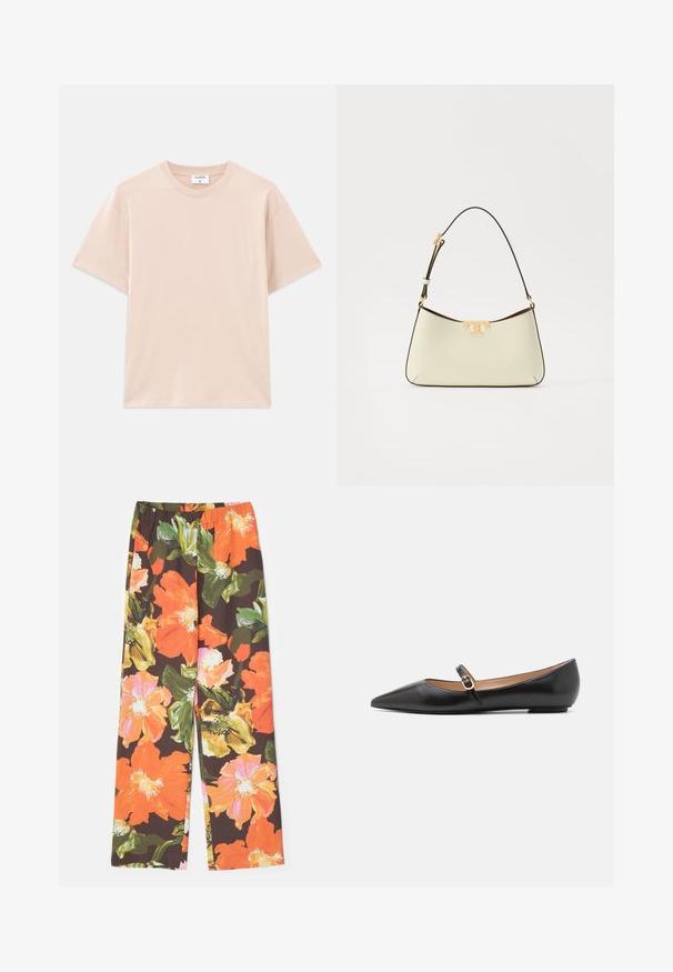 Lühikeste varrukatega T-särk heles bees, valminud pehmest puuvillast. Ümmargune kaelus, mugav lõige, sirge hem ja ilma mustrite või graafikateta.; Stine Goya FATOU STRUCTURE STRETCH - Püksid - summer night; Musthave mustanahkased balletkingad terava varbaga ja külgrihmaga, millel on ümmargune kuldne aksessuaar. Kerged ja tasase tallaga.; Kreemivärviline nahast käekott, millel on kõver kuju. Kaunistab kuldse tooni logoaktsent ning õhuke, reguleeritav tume rihm.