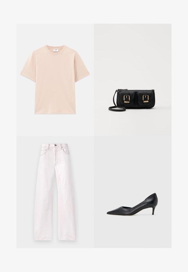 Camiseta de manga corta en beige claro, hecha de algodón suave. Cuello redondo, corte relajado, con dobladillo recto y sin patrones ni gráficos.; Jeans de pierna ancha en denim de color rosa claro, con una cintura alta, diseño de cinco bolsillos y sutiles detalles de costura a lo largo de las costuras.; Zapato de tacón bajo de cuero negro con punta puntiaguda. Presenta una textura lisa y un brillo sutil. Corte abierto en la parte frontal para un detalle adicional.; Bolso cruzado de cuero negro con dos bolsillos frontales, hebillas doradas, cierre de cremallera y una correa delgada. Superficie texturizada y forma rectangular compacta.