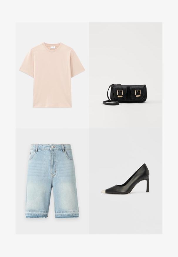 T-maica s kratkimi rokavi v svetli bež barvi, izdelana iz mehkega bombaža. Okrogla izreza, sproščen kroj, s pravim robom in brez vzorcev ali grafike.; Svetlo modri jeans kratki hlače z raztrganim robom, pet žepov, standardni pas z gumbom za zapiranje. Z rahlim zbledeljem po celotni površini.; Črni usnjeni čevelj z visokim petom, s koničastim prstom in kovinsko srebrno kapico. Ima gladko površino in vitko peto višine 10 cm.; Črna usnjena torbica čez ramo z dvema sprednjima žepoma, zlatimi zaponkami, zadrgo in ozkim pasom. Tekstura površine je strukturirana, obliko pa ima kompaktno pravokotno.