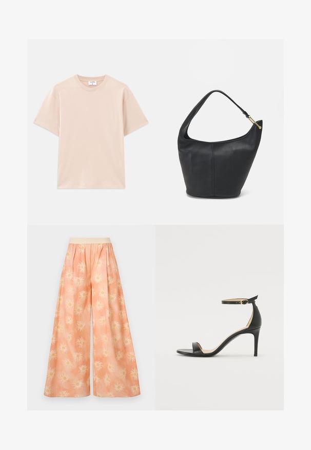 Short-sleeve t-shirt in light beige, made of soft cotton. Round neckline, relaxed fit, with straight hem and no patterns or graphics.; Wide-legged trousers in light peach fabric featuring a sun pattern in white with yellow centers, an elastic waistband, and a soft texture.; Black leather high-heeled sandal with an ankle strap. Features a smooth texture, open toe, and a thin heel. Gold-toned buckle detail.; Black leather handbag with a rounded shape, a wide strap, and a textured finish. Features a subtle seam detail and a gold-tone hardware accent.
