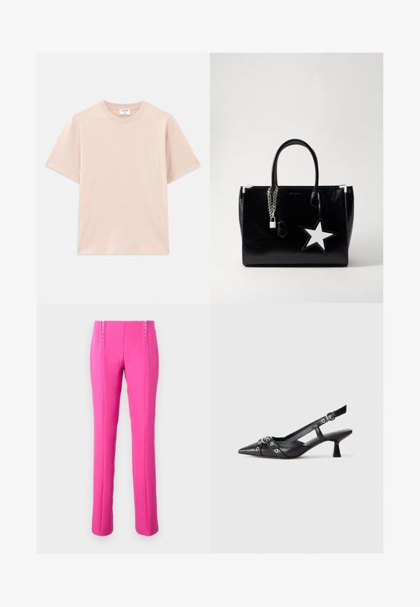 Kortærmet t-shirt i lys beige, lavet af blød bomuld. Rund halsudskæring, afslappet pasform, med lige kant og uden mønstre eller grafik.; Lyserøde tætsiddende bukser med en glat tekstur, der har synlige stiklinger og et lige ben.; Sort lædersandal med spids tå, dekorative stropper med metaløjer og en lav blokhæl. Struktureret overflade.; Sort patenteret læderhåndtaske med en slank form. Har sølv kæde hardware, en lås og en hvid stjerne accent på siden.