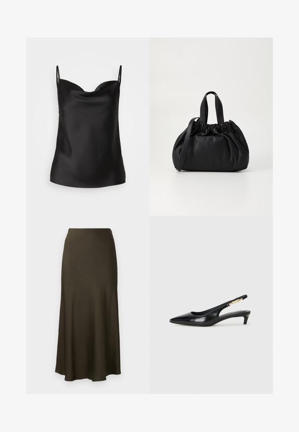 Camisole en satin noir avec un décolleté plongeant, des bretelles minces et une texture lisse et brillante. Design simple et classique sans ornements.; Jupe longue de couleur vert foncé, finition satinée, avec une ligne d'ourlet évasée et une texture lisse. Design simple, sans motifs visibles ni accessoires.; Talons hauts en cuir noir avec un bout pointu, dotés d'un talon fin et d'un accent en ton or sur la lanière réglable. Texture lisse.; Sac à main en cuir noir avec un design à haut froncé, doté de deux poignées courtes et d'une bandoulière longue et réglable. Texture lisse, forme arrondie.