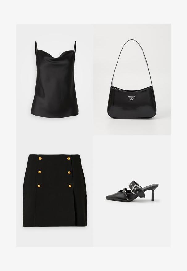Melna satīna kamzolis ar dziļu dekoltē, plānām siksnām un gludu, spīdīgu tekstūru. Vienkāršs, klasiskas dizaina bez rotājumiem.; Melnā miniskrējs ar pieguļošu dizainu, kuram ir priekšējais panelis ar četriem zeltainiem pogām un sānu krokām. Izgatavots no gludas auduma.; Melnas augstpapēžu mūles ar norādītu purngalu, izgatavotas no gludas ādas. Iekļauj plašu potītes siksnu ar kvadrātveida sudraba sprādzi un kniedēm.; Melna lakota ādas plecu soma ar izliekta formu, kurai ir sudraba trīsstūra logs un rāvējslēdzēja aizdare. Gluda tekstūra un šaurs siksna.