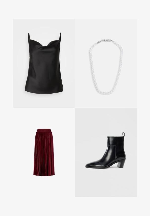 Camisole en satin noir avec un décolleté plongeant, des bretelles minces et une texture lisse et brillante. Design simple et classique sans ornements.; Jupe midi plissée bordeaux avec taille élastique arborant un discret logo en relief.; Bottine en cuir noir avec un bout pointu, un talon empilé géométrique et une languette à l'arrière. Texture lisse et design épuré.; Collier de perles blanches à la texture lisse, doté d'un fermoir en argent embossé du mot "HUGO". Perles de taille uniforme dans un design classique.