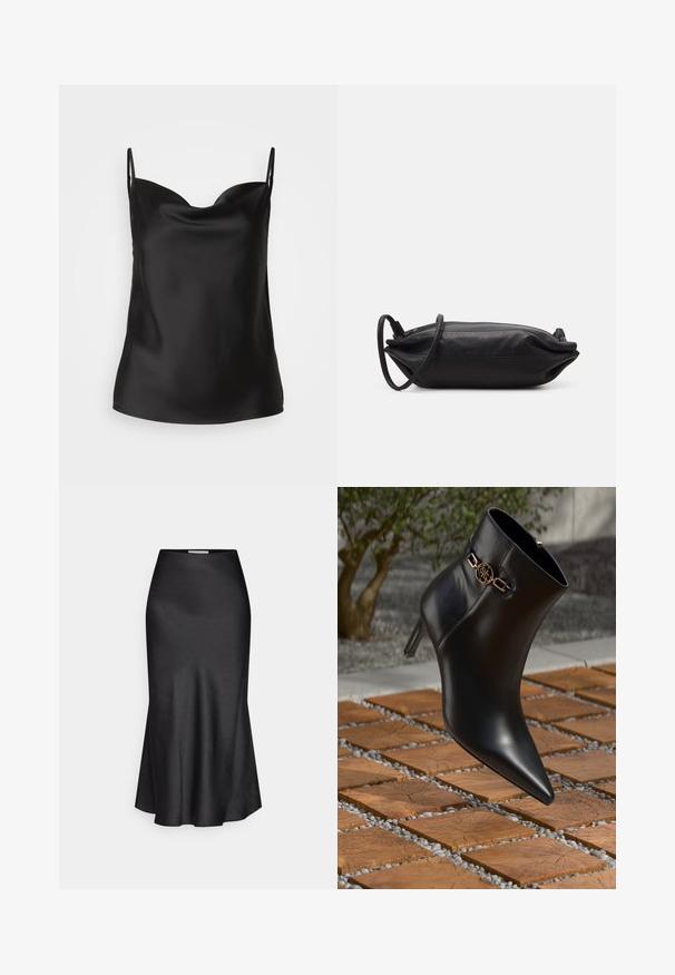 Černá saténová košile s hlubokým výstřihem, tenkými ramínky a hladkou lesklou texturou. Jednoduchý, klasický design bez ozdob.; DRYKORN NEVIDA - Maxi sukně - black; Černé kožené kotníkové boty s špičatou špičkou a malým podpatkem. Vyznačují se zlatým řetízkovým detailem na kotníku. Umístěny na texturovaném kamenném povrchu.; Černá kožená psaníčko rectangularního tvaru, hladké textury, tenkého ramenního popruhu a minimalistického designu.