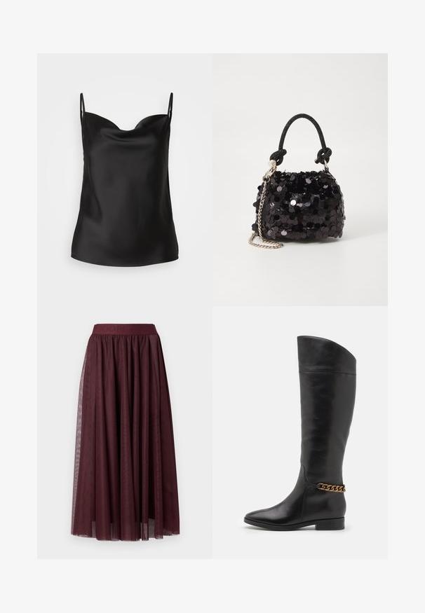 Camicetta nera in satin con scollatura profonda, spalline sottili e una superficie liscia e lucida. Design semplice e classico senza decorazioni.; Gonna midi in tulle borgogna scuro con una ampia cintura elastica e lunghe nastri decorativi sui lati.; Alti stivali in pelle nera dal design elegante, punta affusolata e dettagli in catena dorata alla caviglia. Tacco a blocco basso. Texture liscia.; Mini borsa a tracolla nera in paillettes con una tracolla texturizzata annodata e catena argentata. Forma rotonda con parte superiore arricciata e dettagli riflettenti.; Collana di perle bianche con una texture liscia, dotata di un chiusura in argento con la scritta "HUGO" in rilievo. Perle di dimensioni uniformi in un design classico.
