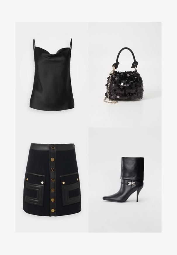 Camisole en satin noir avec un décolleté plongeant, des bretelles minces et une texture lisse et brillante. Design simple et classique sans ornements.; Jupe noire en A avec des boutons dorés à l'avant, une taille en simili cuir et de grandes poches plaquées avec des coutures géométriques.; Bottine en cuir noir avec un bout pointu, un haut talon aiguille, un revers, et un détail décoratif en boucle dorée au niveau de la cheville.; Mini sac à main en sequins noirs avec une bandoulière texturée nouée et une chaîne argentée. Forme arrondie avec un haut froncé et des détails réfléchissants.