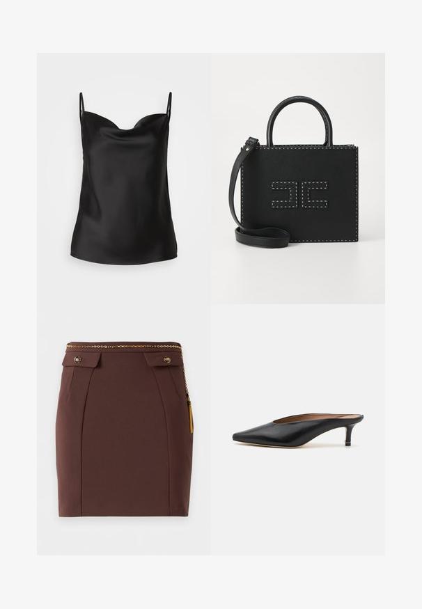 Black satin camisole featuring a plunging neckline, thin straps, and a smooth, glossy texture. Simple, classic design without embellishments.; Brown fitted mini skirt with gold chain belt, decorative buttoned flaps, and gold tassel detail on a plain background.; Black leather mules with a pointed toe and low, block heel. Smooth texture with a sleek design. Open back with minimal detailing.; Elisabetta Franchi WOMEN'S BAG - Handbag - nero
