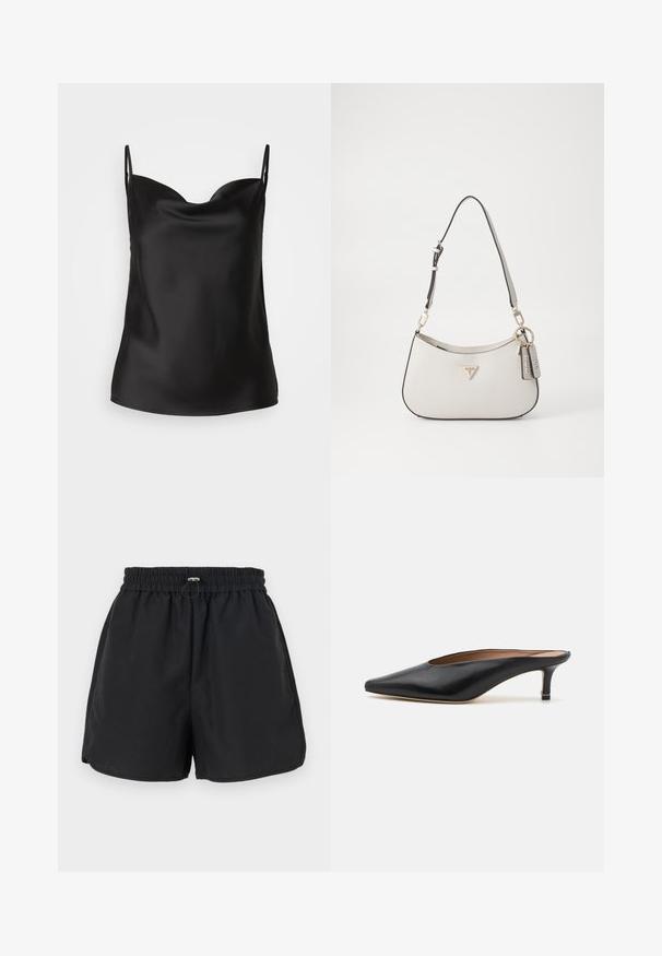 Juodas satino kamizolas su giliu iškirpimu, plonais petnešėlėmis ir glotni, blizganti tekstūra. Paprastas, klasikinis dizainas be dekoracijų.; Juodos šortai su elastine juosmena, raiščio detalė ir šoninės skeltuvės. Pagaminti iš lengvos medžiagos, pasižymi laisvu siluetu.; Juodi odiniai mulesai su smailiu pirštu ir žemu blokuotu kulnu. Lygi tekstūra su elegantišku dizainu. Atviras gale, su minimaliu dekoru.; Balta tekstūruota rankinė, kuri turi kreipinį formą, auksinę furnitūrą, nuimamą dirželį ir logotipo akcentą. Komplekte yra raktų pakabukas su prekės ženklu.