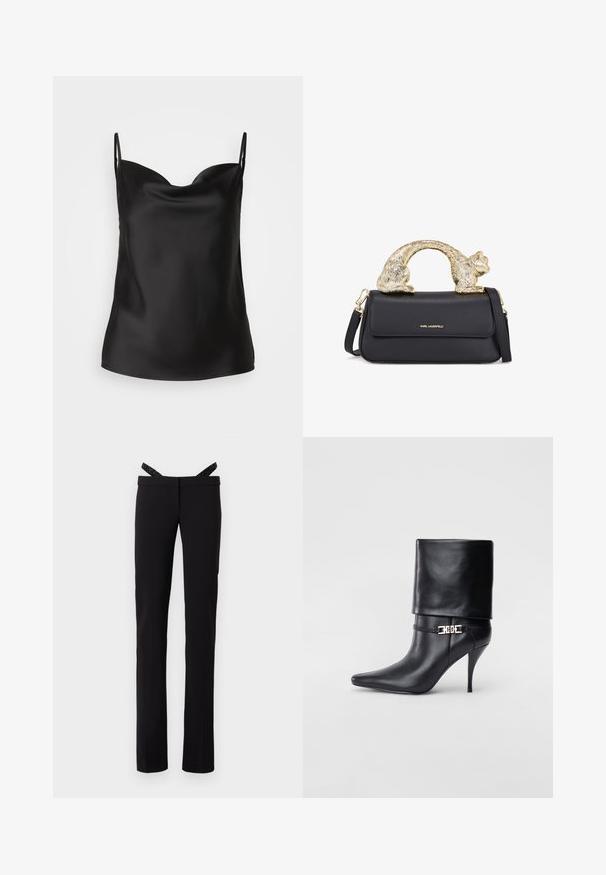 Crna satenasta maišica s dubokim izrezom, tankim trakama i glatkom, sjajnom teksturom. Jednostavan, klasičan dizajn bez ukrasa.; Crne ravne hlače uskog kroja s sjajnim crnim naramenicama pričvršćenim za pojas na bijeloj pozadini.; Crna kožna gležnjača s šiljastim prstom, visokim stiletto potplatom, preklopnim rubom i zlatnom dekorativnom kopčom na gležnju.; Crna kožna torbica s zlatnim ručkom u obliku mačke, koja ima prednji preklop, podesivu traku i detalj s logom na donjem prednjem dijelu.