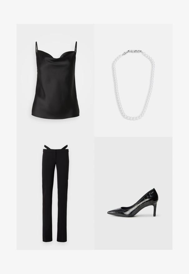 Černá saténová košile s hlubokým výstřihem, tenkými ramínky a hladkou lesklou texturou. Jednoduchý, klasický design bez ozdob.; Černé kalhoty rovného střihu se slim fit a třpytivé černé šle připevněné k pasu na bílém pozadí.; Černé lodičky s špičatou špičkou, lesklým povrchem a jemným texturovaným vzorem. Obsahuje středně vysoký podpatek a otevřený design v oblasti krku.; Bílý perlový náhrdelník s hladkým povrchem, s kovovým sponou s vyraženým slovem "HUGO". Perly jsou rovnoměrně velikostně nastavené v klasickém designu.