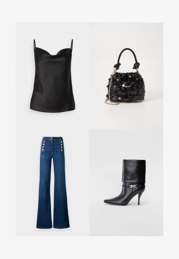 Melna satīna kamzolis ar dziļu dekoltē, plānām siksnām un gludu, spīdīgu tekstūru. Vienkāršs, klasiskas dizaina bez rotājumiem.; Tumšzilgas, augsti jostas džinsi ar izplestiem uzvalkiem, ar zelta pogu akcentiem sānos un gludu tekstūru.; Melnas ādas potīšu zābaki ar smailu purngalu, augstu stiletto papēdi, salocītu aproci un zeltītu dekoratīvu sprādzi uz potītes.; Melna spīguļota mini rokas soma ar mezglotu teksturētu siksniņu un sudraba ķēdi. Apaļa forma ar sakopotām malām un atstarojumu detaļām.
