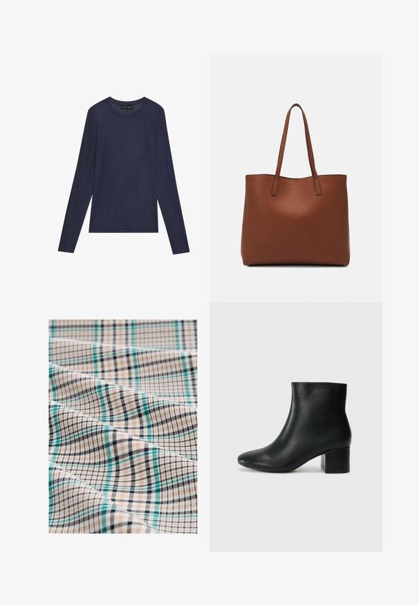 Granatowa bluzka z długim rękawem wykonana z gładkiego, lekkiego materiału. Posiada okrągły dekolt oraz szwy dekoracyjne wzdłuż rękawów i boków.; Tkanina w kratę w odcieniach beżu, czerni i teal. Posiada wzór siatki z cienkimi liniami i teksturowaną powierzchnię, prezentującą mieszankę krat i pasków.; Czarne skórzane botki za kostkę z ostrym noskiem i masywnym obcasem. Gładka tekstura z minimalnymi akcentami i elegancki, dopasowany fason.; Brązowa skórzana torba tote o gładkiej fakturze, z otwartym wierzchem i dwoma ramiączkami. Charakteryzuje się minimalnym przeszyciem i brakiem widocznych elementów metalowych.
