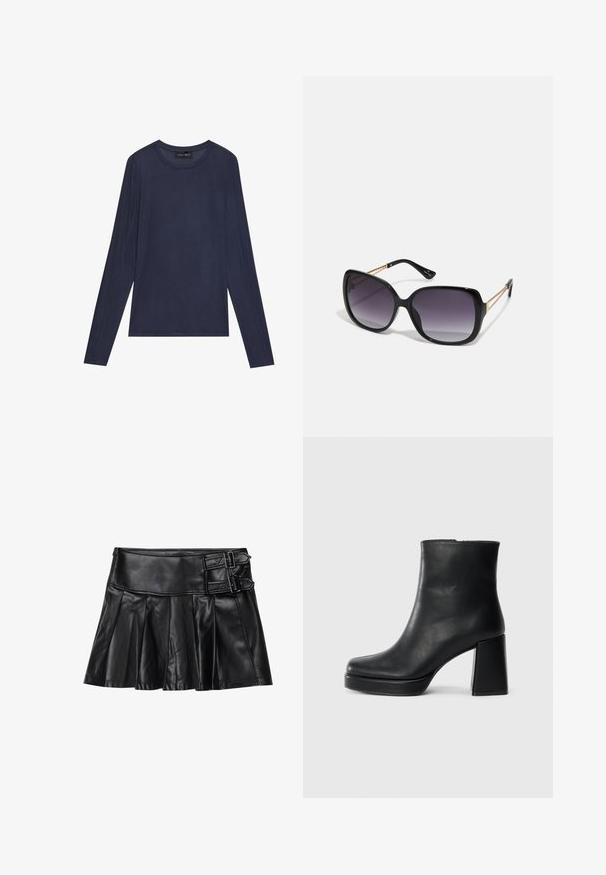 Mornarsko modra dolga majica z dolgimi rokavi, izdelana iz gladkega, lahkotnega materiala. Ima okroglo ovratnico in šivane detajle ob rokavih in straneh.; Črna usnjena krilo s gubami, širokim pasom in dvema zaponkama na strani. Gladka tekstura s sijajno obdelavo.; Črne usnjene gležnjarje z blok peto in platformo, prikazane s strani na enobarvni beli podlagi.; Črne prevelike sončne očala z degradacijskimi lečami, debelimi okvirji in zlatimi verižicami na ročajih.; Črna torbica z strukturirano obliko, gladko teksturo in kovinskim zaponko. Ujemajo se z širokimi črnimi hlačami in odprtimi sandali na lesenem tleh.