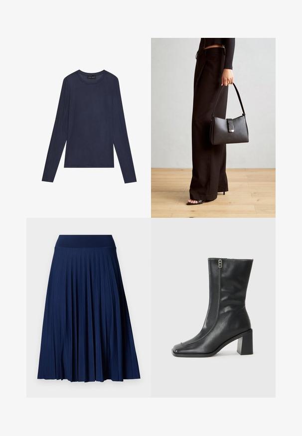 Morska plava majica dugih rukava napravljena od glatkog, laganog materijala. Ima okrugli izrez i šavne detalje duž rukava i sa strane.; Mornarica plisirana suknja sa širokim pojasom, izrađena od glatkog materijala. Ima vertikalne plisove i pada do sredine lista.; Crne kožne čizme do gležnja s četvrtastim prstom, bočnim patentnim zatvaračem i čvrstim, četvrtastim potpeticama. Imaju kontrastno šivanje uz prednji šav.; Crna torba s oblikom koji sadrži strukturu, glađu teksturu i metalnu kopču. Uparena s širokim crnim hlačama i sandalama na otvorenom s drvenog poda.