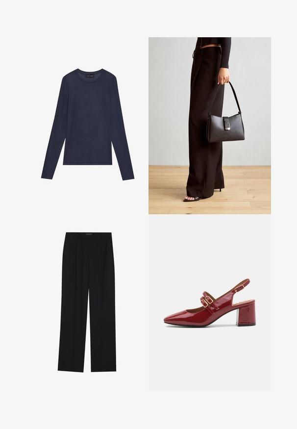 Tengerészkék, hosszú ujjú felső sima, könnyű anyagból. Kerek nyakkivágással rendelkezik, és varrási részletek találhatók az ujjakon és az oldalakon.; Fekete nadrág egyenes szárú kialakítással, két első zsebbel és derékrésszel. Simának és könnyű anyagból készült.; Piros lakkbőr slingback cipő hegyes orral, dupla csatos pántokkal elöl és vastag blokkal. Sima, fényes felület.; Fekete kézi táska strukturált formával, sima textúrával és fémből készült záródással. Széles fekete nadrággal és nyitott orrú szandállal párosítva, fából készült padlón.