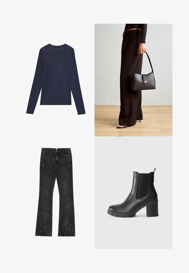 Μπλούζα ναυτικού χρώματος με μακριά μανίκια φτιαγμένη από λείο, ελαφρύ ύφασμα. Διαθέτει στρογγυλή λαιμόκοψη και ραφές στα μανίκια και τις πλευρές.; Μαύρα φαρδιά τζιν με φθαρμένη υφή, διαθέτουν κούμπωμα με κουμπί, θηλιές ζώνης και τέσσερις τσέπες.; Μαύρη δερμάτινη μπότες μέχρι τον αστράγαλο με ελαστικές πλαϊνές επενδύσεις, χοντρή καουτσούκ σόλα και ψηλό τετράγωνο τακούνι. Διαθέτει λαβίτσα στο πίσω μέρος.; Μαύρη τσάντα χειρός με δομημένο σχήμα, λεία υφή και μεταλλικό κούμπωμα. Συνδυασμένη με φαρδιά μαύρα παντελόνια και σανδάλια ανοιχτής μύτης πάνω σε ξύλινο πάτωμα.