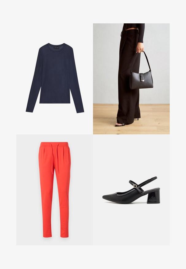 Jūrinis ilgomis rankovėmis viršus, pagamintas iš lygaus, lengvo audinio. Yra apvalus iškirpimas ir siūlių detalės palei rankoves ir šonus.; Raudoni sportiniai kelnaičiai, pagaminti iš minkštos medžiagos, su elastinga juosmens juosta ir reguliuojama raišteliu. Savyje turi siaurėjantį kelnių dizainą.; Juodi patentinio odos slingback aukštakulniai su smailiu pirštu, apvaliu išpjovimu ir blokiniu kulnu. Papuošti auksiniu juostos akcentu.; Juodas rankinė struktūrizuota forma, lygi tekstūra ir metalinis užsegimas. Suporuota su plačiomis juodomis kelnėmis ir atvirais bateliais ant medinių grindų.