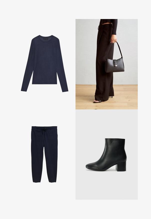 Marinefarbener Langarm-Top aus glattem, leichtem Stoff. Mit rundem Halsausschnitt und Nahtdetails entlang der Ärmel und Seiten.; Marineblaue Hose mit elastischem Bund und Kordelzug. Das Material ist glatt, mit einer schmal zulaufenden Beinform und ohne sichtbare Muster.; Schwarze Leder-Ankle-Boots mit spitzem Zehenbereich und klobigem Absatz. Glatte Textur mit minimalen Akzenten und einem eleganten, taillierten Design.; Schwarze Handtasche mit strukturierter Form, glatter Textur und einem metallischen Verschluss. Kombiniert mit weiten schwarzen Hosen und offenen Sandalen auf einem Holzboden.