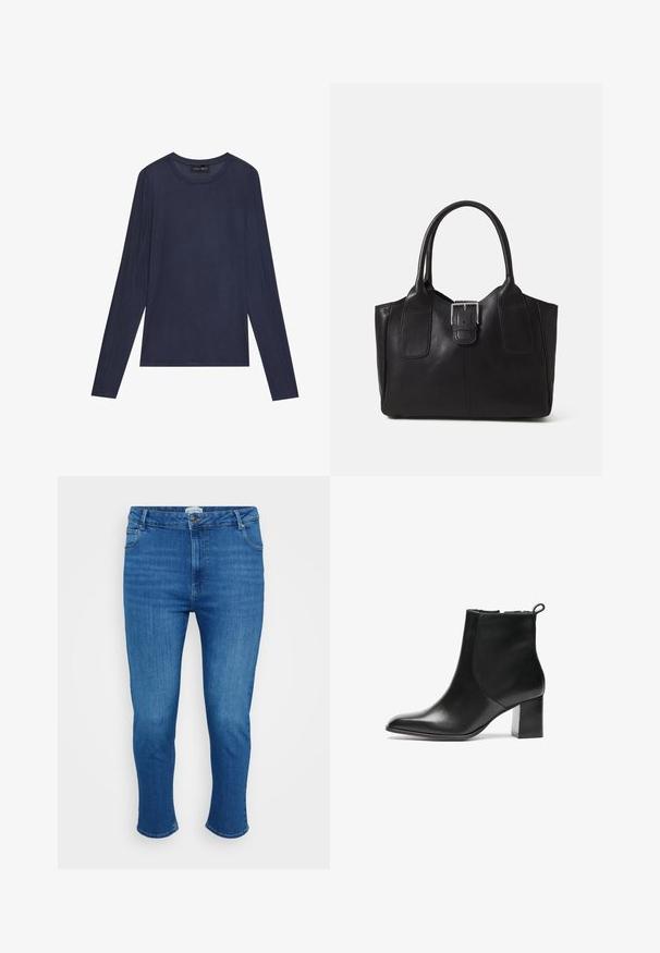 Marineblå langermet topp laget av glatt, lett stoff. Har en rund halslinning og sømdetaljer langs ermene og sidene.; Blå denimjeans med høy livhøyde, frontknapp og glidelås, fem lommer og slim straight-leg passform.; Svarte skinn ankelstøvler med rund tå, middels høy blokkhæl og en trekkflik bak. Glatt tekstur, minimalistisk design.; Svart skinn toteveske med jevn tekstur, strukturert form, to håndtak og en fremtredende sølvspenne foran.