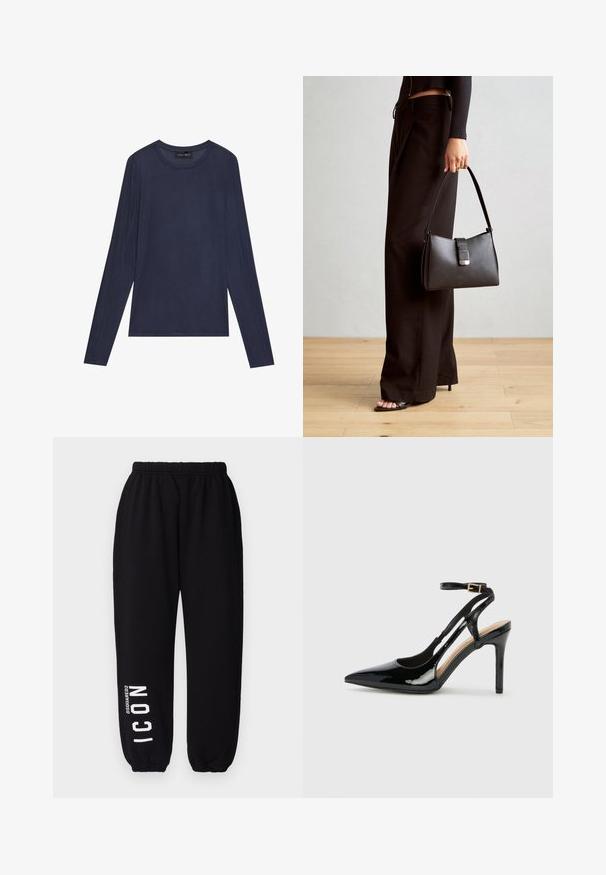 Tummansininen pitkähihainen paita, joka on valmistettu sileästä ja kevyestä kankaasta. Tässä paidassa on pyöreä kaula-aukko ja sauman yksityiskohtia hihoissa ja sivuilla.; DSQUARED2 ICON ICON - Verryttelyhousut - black; Mustat lakatut korkokengät, joissa on avonaiset sivut, säätömahdollisuus nilkkahihnassa ja teräväkärkinen muoto. Suora pinta.; Musta käsilaukku, jossa on rakenteellinen muoto, sileä pinta ja metallinen solki. Yhdistetty leveisiin mustiin housuihin ja avonaiheisiin sandaaleihin puulattialla.