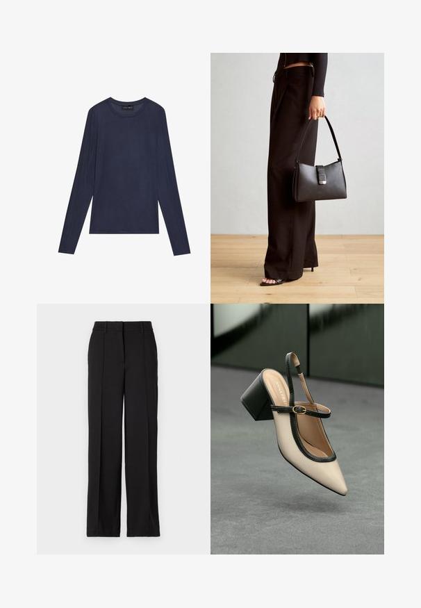 Top de culoare bleumarin cu mânecă lungă, fabricat dintr-un material fin și ușor. Are un decolteu rotund și detalii cu cusături pe mâneci și pe laterale.; Pantaloni negri cu un design drept, având două plii frontale, un brâu și fără buzunare sau embellismente vizibile.; Pantof divers în nuanță bej, cu vârf ascuțit, curea de susținere în spate, cu margine neagră, cataramă aurie și toc gros pe un podea gri, cu un fundal verde închis.; Genți negre cu o formă structurată, textură netedă și un închizător metalic. Asortată cu pantaloni negri largi și sandale cu vârf deschis pe un podea din lemn.