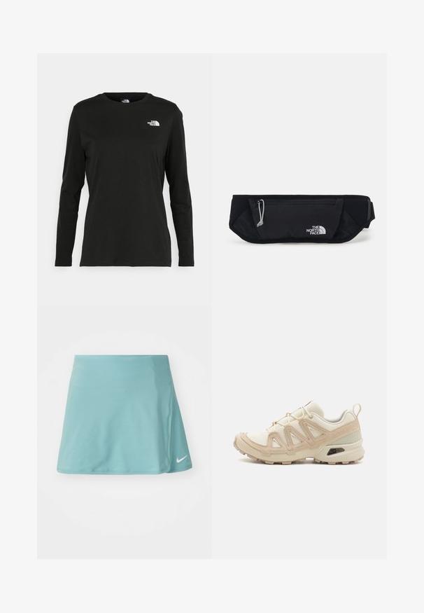 T-shirt preto de mangas longas, feito de algodão, com decote redondo. Apresenta um pequeno logótipo branco na área esquerda do peito. Design simples e ajuste confortável.; Saia atlética de cor azul clara, feita de um tecido liso e elástico. Apresenta uma abertura lateral e um pequeno logótipo da Nike em branco na parte inferior da frente.; Sapatilha atlética beige e creme com parte superior em malha texturizada, sobreposições de suporte e sola de borracha com um padrão de cravo para tração.; The North Face SUNRISER RUN BELT UNISEX - Bolsa de cintura - black/white