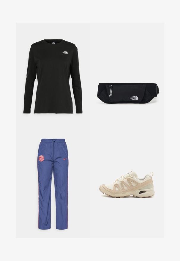 Czarna koszulka z długim rękawem z bawełny z okrągłym dekoltem. Posiada niewielkie białe logo po lewej stronie na piersi. Prosty design i fason.; Niebieskie spodnie dresowe Paris Saint-Germain od Nike z czerwonymi łatami logo, czerwonymi lamówkami po bokach oraz elastycznym paskiem w talii z sznurkiem do regulacji.; Beżowe i kremowe buty sportowe z teksturowanej siateczki, wspierającymi nakładkami oraz gumową podeszwą z wzorem bieżnika zapewniającym przyczepność.; The North Face UNISEX czarny
