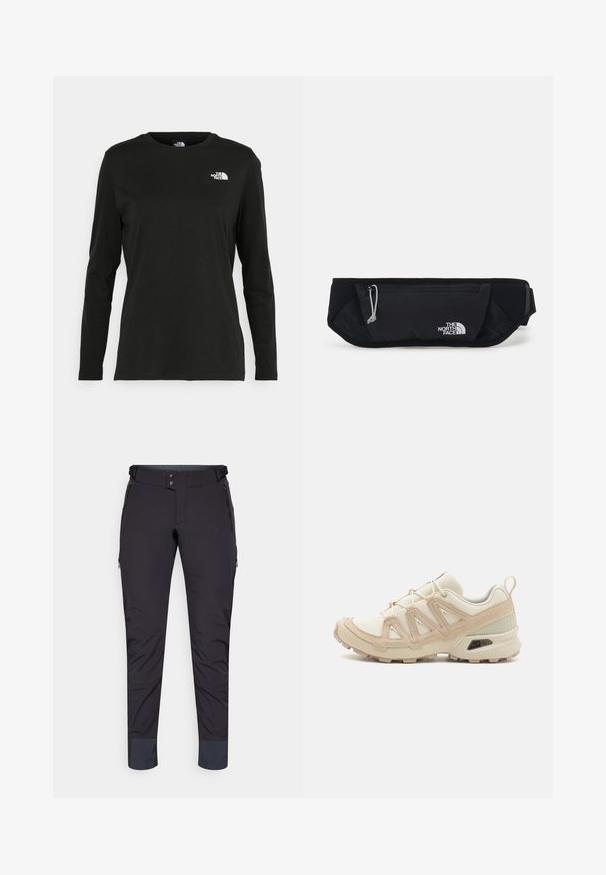 T-shirt preto de mangas longas, feito de algodão, com decote redondo. Apresenta um pequeno logótipo branco na área esquerda do peito. Design simples e ajuste confortável.; Calças técnicas pretas com uma textura suave, bolsos com fecho éclair e perna ajustada. Apresentam um fecho de duplo botão e punhos reforçados.; Sapatilha atlética beige e creme com parte superior em malha texturizada, sobreposições de suporte e sola de borracha com um padrão de cravo para tração.; The North Face SUNRISER RUN BELT UNISEX - Bolsa de cintura - black/white