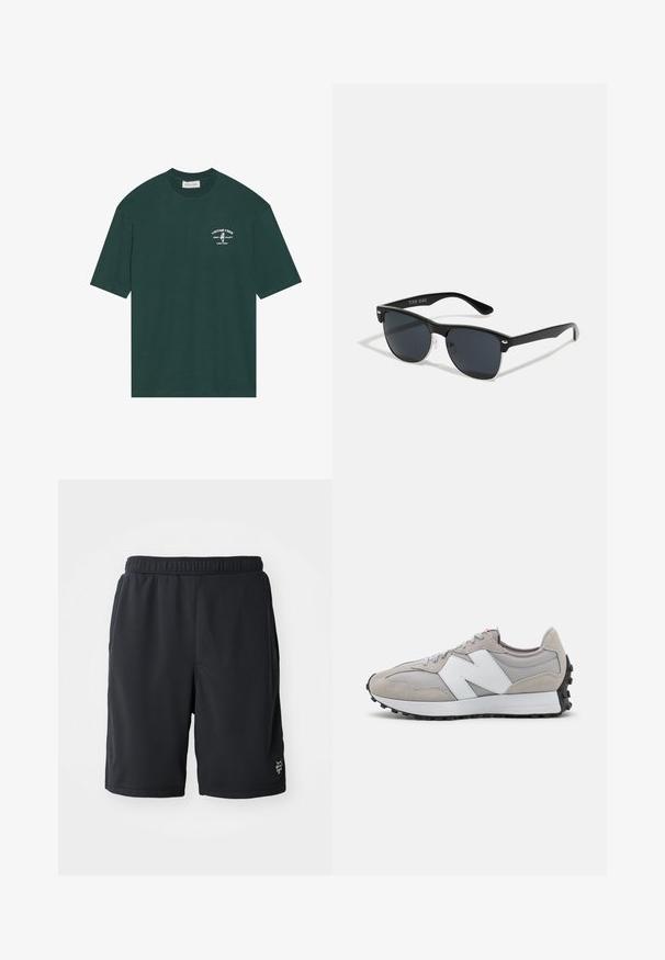 Tamsiai žalias medvilninis marškinėliai trumpomis rankovėmis. Yra baltas spausdintas logotipas ant krūtinės, nurodantis "VINTAGE VIBES", ir palmių grafika.; Juodų sportinių šortų, pagamintų iš kvėpuojančio tinklelio, su elastingu juosmeniu ir subtiliu logotipo išsiskyrimu apatinėje dešinėje pusėje.; Pilka sportinė avalynė, pagaminta iš tinklinės ir zomšos medžiagų, su balta šonine logotipų, pilkais raišteliais ir juodu guminiu padu.; Juodos saulės akinių su stačiakampiu rėmeliu, tamsiais lęšiais, sidabrinėmis detalėmis šventrajose ir matinio paviršiaus rėmeliu.