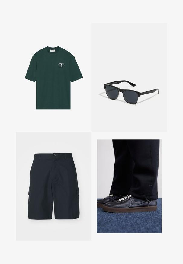 Σκούρο πράσινο βαμβακερό μπλουζάκι με κοντά μανίκια. Περιλαμβάνει άσπρη τυπωμένη λογότυπο στο στήθος που αναγράφει "VINTAGE VIBES" και μια γραφική παλμό.; Σκούρες μπλέ cargo βερμούδες φτιαγμένες από ελαφρύ ύφασμα. Διαθέτουν πλάγιες τσέπες, κουμπί κλεισίματος και καθαρή, κομμένη γραμμή.; Nike Sportswear KILLSHOT 2 LTR PRM OPP2 - Αθλητικά παπούτσια - black sail baroque brown mtlc dk grey; Μαύρα γυαλιά ηλίου σε ορθογώνιο σχήμα, σκούροι φακοί, ασημί λεπτομέρειες στους κροτάφους και ματ φινίρισμα στον σκελετό.