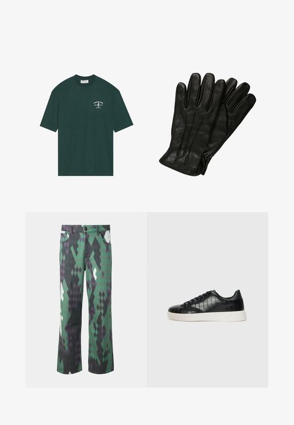 T-shirt de algodão verde escuro com mangas curtas. Apresenta um logotipo impresso em branco no peito com a inscrição "VIBRAÇÕES VINTAGE" e um gráfico de uma palmeira.; Jeans de algodão de perna larga com um padrão geométrico de diamante em verde, preto e roxo, com fecho de botão e passantes para cinto.; Tênis pretos com cabedal em couro texturizado com relevo de crocodilo, bico arredondado e sola de borracha branca em contraste, com acabamento suave.; Luvas de couro preto com uma textura lisa, cinco dedos e detalhes de costura subtis. Design clássico, adequado para uso em clima frio.