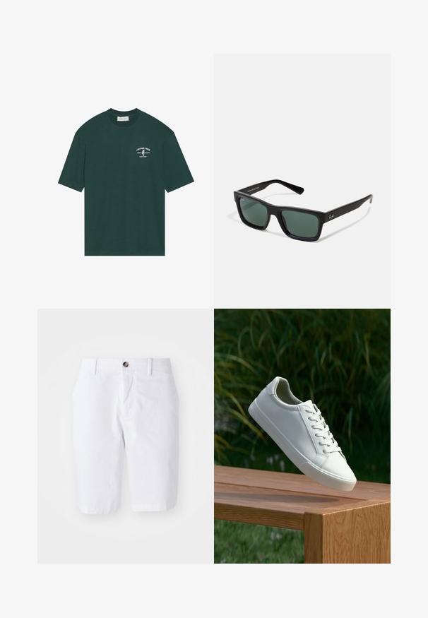 Camiseta de algodón verde oscuro con mangas cortas. Presenta un logo impreso en blanco en el pecho que dice "VINTAGE VIBES" junto a un gráfico de una palmera.; Pantalones cortos de algodón blancos con corte recto, dos bolsillos frontales y un cierre con un solo botón en la cintura. Textura suave, diseño hasta la rodilla.; Zapatilla blanca con cordones flotando sobre un banco de madera con follaje verde al fondo, mostrando el diseño y la textura del zapato.; Gafas de sol rectangulares negras con lentes verdes, con un acabado mate, patillas rectas y el logo de Ray-Ban en un lado.
