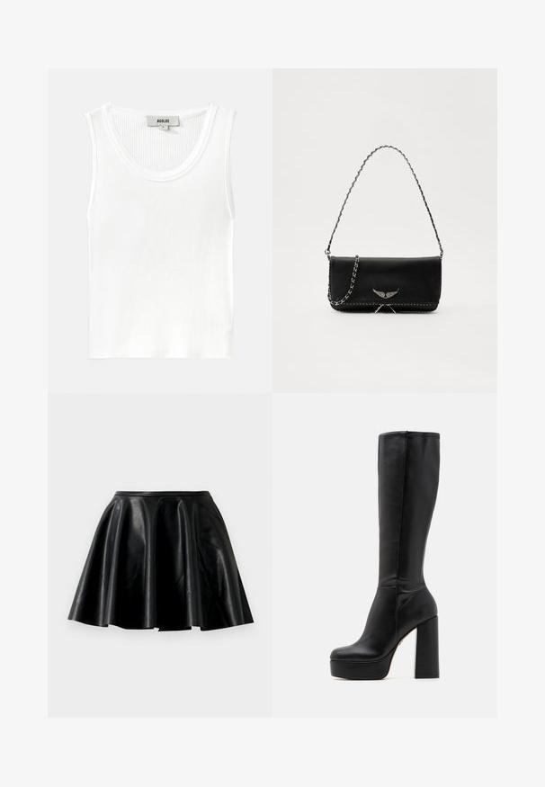 Bela rebrasta maica brez rokavov z okroglo ovratnico in širokimi naramnicami, z oznako "AGOLDE" in velikostjo "S."; Črna usnjena krila s flared krojem, gladko teksturo, širokim robom in prilegajočim pasom. Površina ima rahlo sijaj in brez vidnih okrasitev.; Črne gležnjarje do kolen, izdelane iz gladkega usnja s teksturiranim zaključkom, opremljene z visokim blokastim petam in obliko okroglega prsta.; Črna usnjena torbica s srebrnim verižnim ročajem, ki ima okrasne krilate poudarke in belo šivanje ob spodnjem šivu.