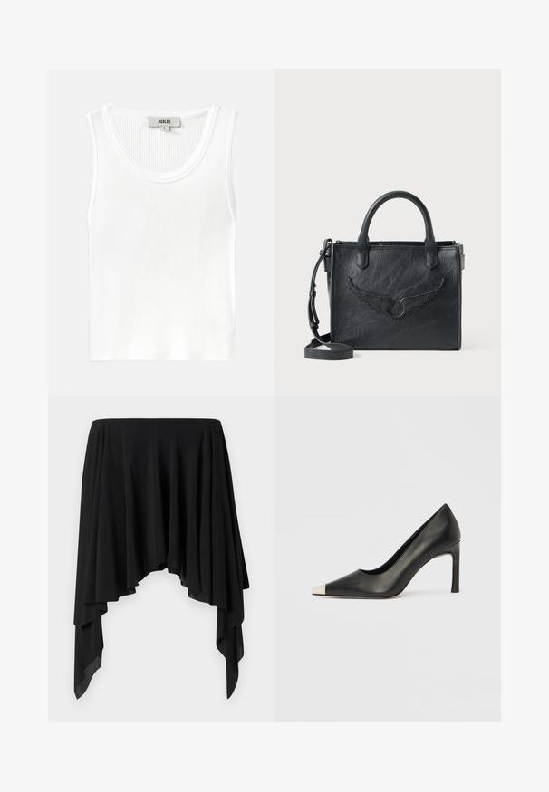 Top de tirantes blanco con relieve, escote redondeado y tirantes anchos, con una etiqueta que dice "AGOLDE" y talla "S."; Falda asimétrica negra hecha de tela suave, con capas drapeadas y una cinturilla ancha, creando una silueta fluida.; Zapato de tacón alto de cuero negro con punta en forma de pico y una tapa metálica plateada. Presenta un acabado suave y un tacón delgado de 10 cm.; Bolso de mano de cuero negro con un acento de diseño en ala. Cuenta con dos asas redondeadas y una correa de hombro desmontable. Superficie texturizada. Forma compacta.