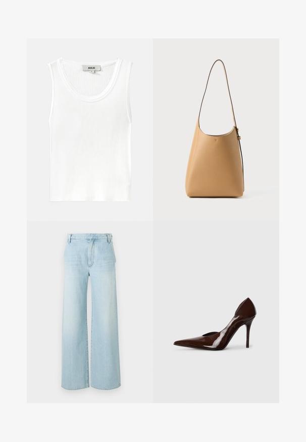 Biely rebrovaný top bez rukávov s okrúhlym výstrihom a širokými ramennými popruhmi, s etiketou označenou "AGOLDE" a veľkosťou "S."; Svetlomodré široké džínsy vyrobené z denimu. Majú vysoký pás, dizajn s piatimi vreckami a jemné vyblednutie s čistým lemom.; Hnedé lakované lodičky na vysokom podpätku s špicatou špičkou a výrezmi po stranách, so štíhlym podpätkom a hladkým povrchom.; Kožená ramenná taška v svetlo hnedej farbe s hladkou textúrou, minimalistickým dizajnom, jedným zakriveným popruhom a jemným kovovým detailom.