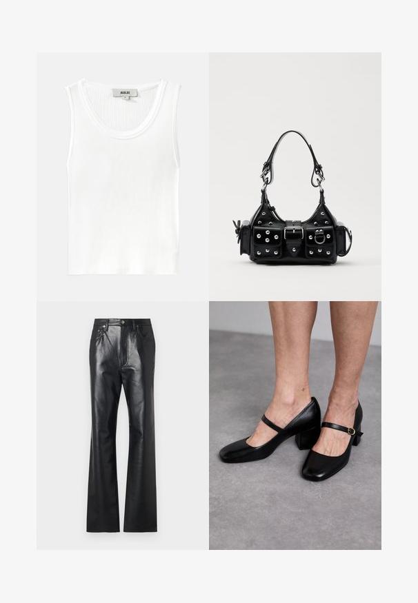 Witte geribbelde tanktop met een ronde halslijn en brede schouderbanden, voorzien van een label met de naam "AGOLDE" en maat "S."; Zwarte leren broek met een gladde textuur, uitlopende pijpen, een ritssluiting aan de voorkant en riemlussen. Bevat subtiele stiksels.; Stuart Weitzman Klassieke pumps - black; Zwarte lederen handtas met een gebogen ontwerp, voorzien van zilveren studs, een gesp en twee zijvakken. Verstelbare schouderband voor verschillende draagmogelijkheden.