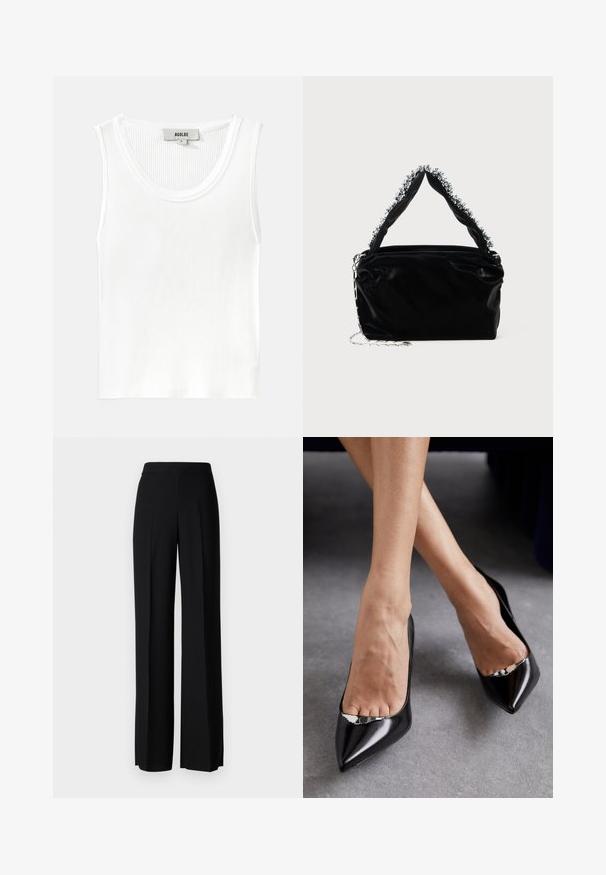 Top alb cu dungi, cu decolteu rotund și bretele late, având un etichetă cu inscriptionarea "AGOLDE" și mărimea "S."; Pantaloni negri cu picioare largi, cu o textură netedă, având o talie înaltă și pliseuri centrale. Fără modele vizibile sau detalii de hardware.; Pantofi negri din piele cu toc înalt, cu vârf ascuțit și design deschis, având un accent decorativ din argint. Textură netedă cu finisaj lucios.; Geantă din piele sintetică neagră cu un finisaj texturat, având un accent din mărgele argintii de-a lungul mânerului de sus și o curea din lanț.
