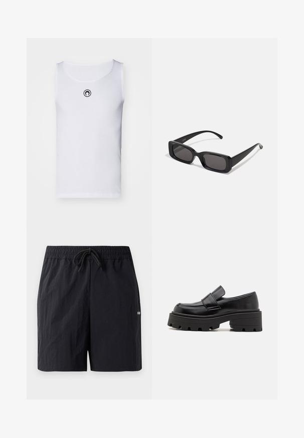 Camisola sem mangas branca feita de tecido canelado, com um decote redondo e um pequeno logótipo preto no peito.; Calções de banho pretos feitos de tecido texturizado, com uma cintura elástica com cordão e um pequeno logotipo de lado.; Mocassins de couro preto com uma sola de borracha robusta, apresentando uma plataforma elevada e uma tira atravessando o peito do pé. Textura suave e forma arredondada.; Óculos de sol retangulares pretos com lentes escuras, acabamento brilhante, braços largos e um design de armação robusto. Nome da marca gravado em um dos braços.