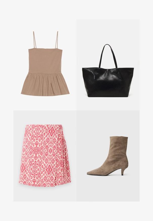 Top sin mangas color marrón claro con tirantes finos, un cuerpo ajustado y un dobladillo peplum acampanado hecho de una tela suave con una textura lisa.; Falda tipo wrap en crema con un patrón geométrico en rosa. Cuenta con un detalle de lazo lateral y un diseño acampanado para un ajuste cómodo. Textura de tela suave.; Botín de ante marrón hasta el tobillo con punta afilada y un tacón corto y delgado. Textura suave con un diseño simple y sin costuras.; Bolso tote tejido negro con dos asas resistentes, que cuenta con una textura brillante y un diseño de parte superior abierta y espaciosa.
